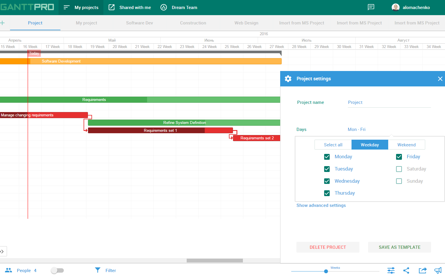 Online gantt chart working days