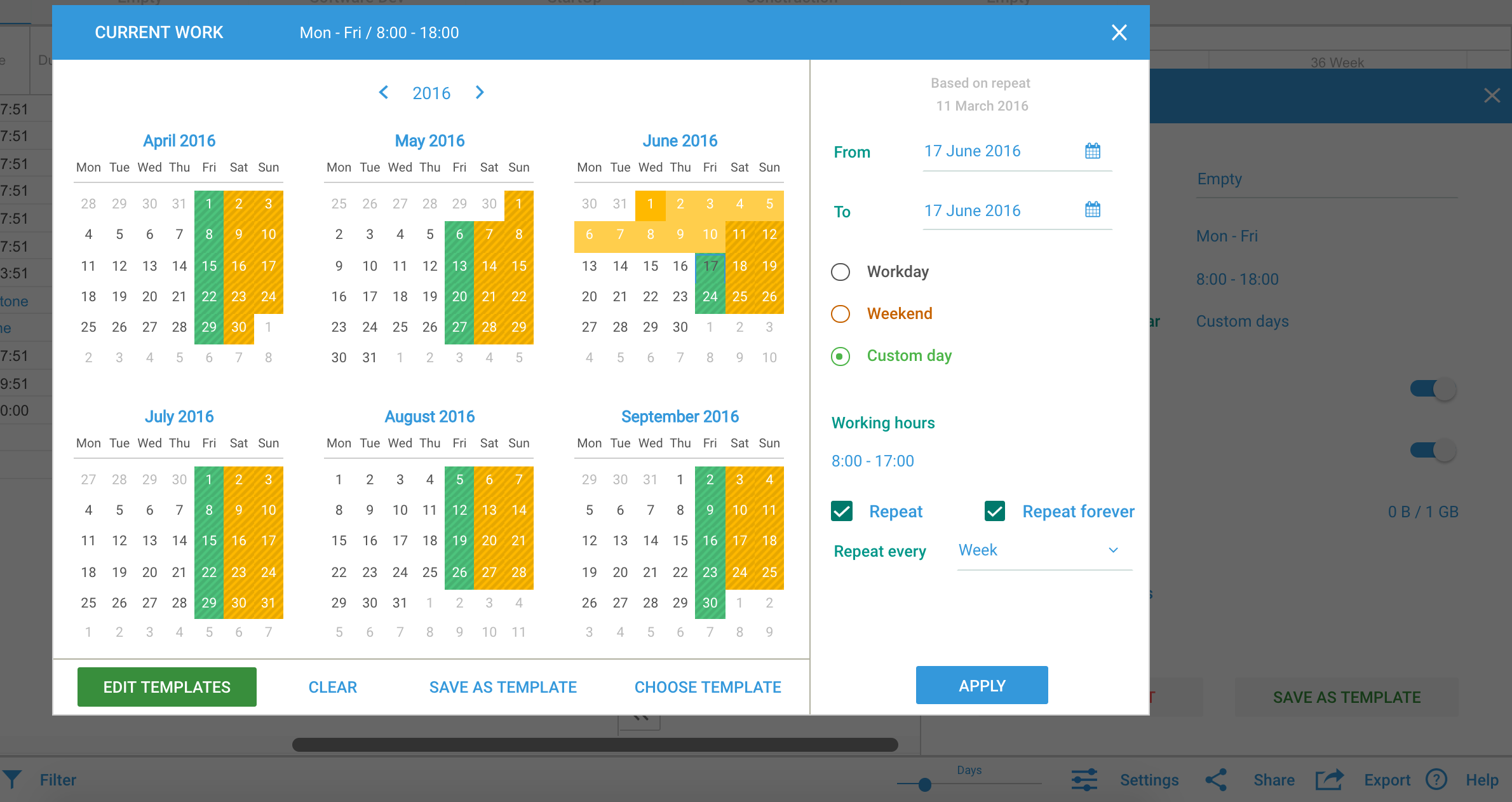 GanttPRO custom work calendar