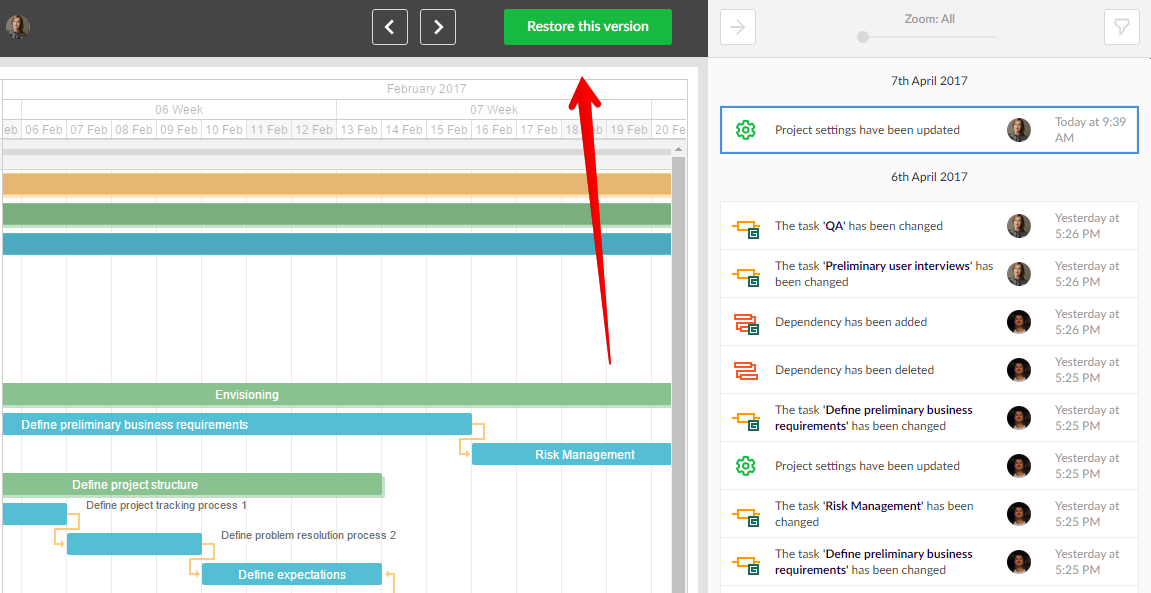 Restore function in GanttPRO