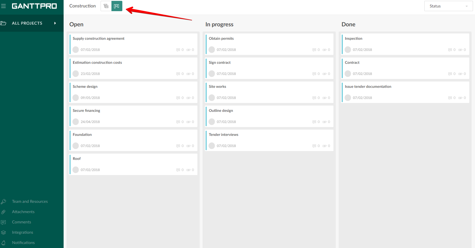 Board view in Gantt chart software