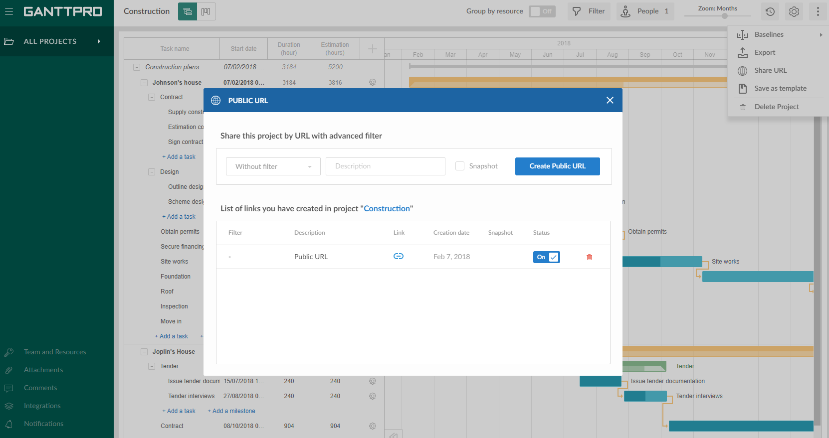 Share function in Gantt chart software