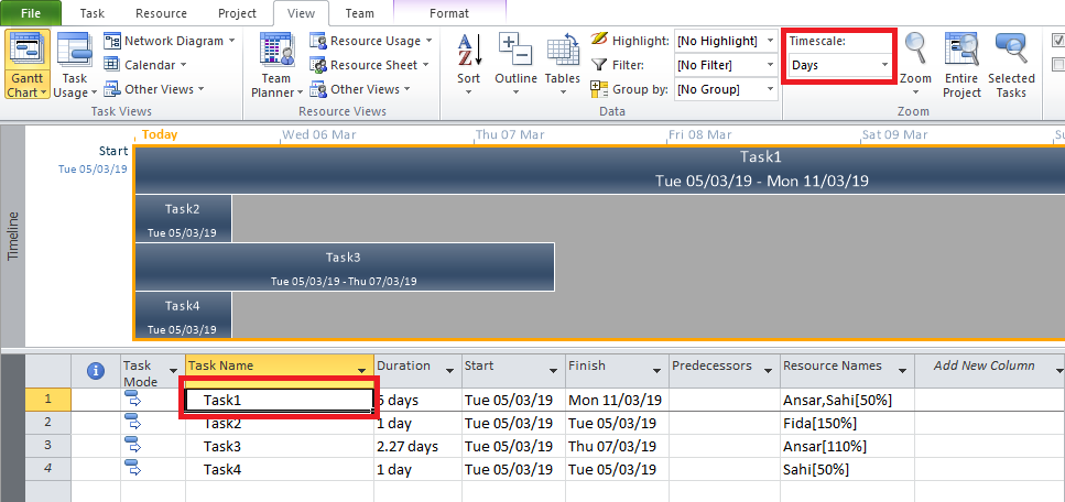 add space between timelines in ms project