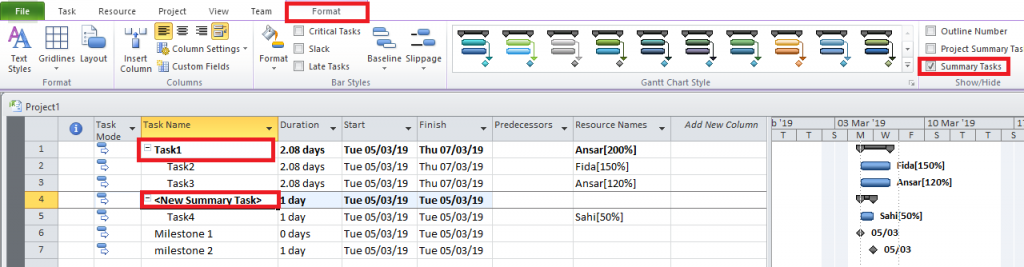 Summary tasks in MS Project