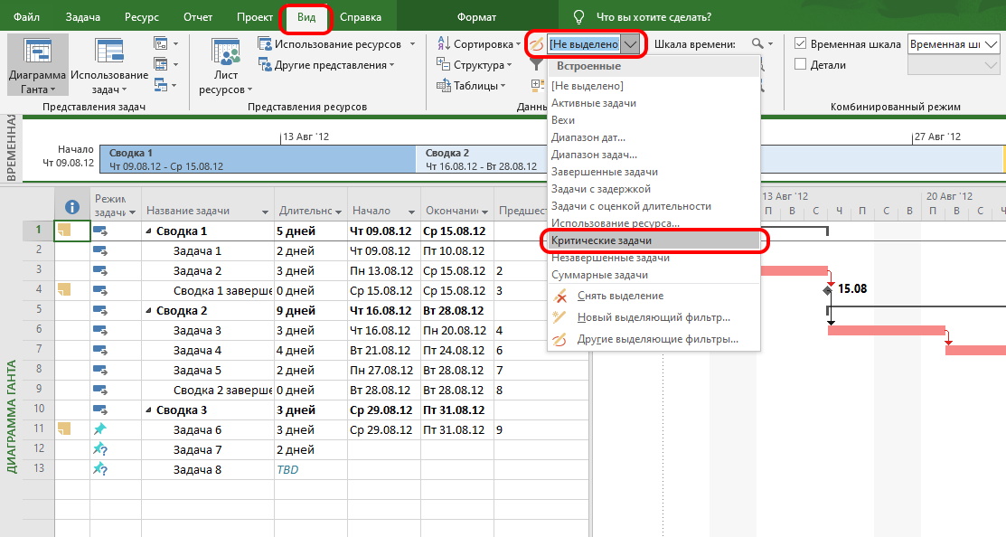 Критический путь на диаграмме ганта в project