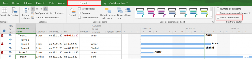 Cómo ocultar una tarea de resumen en Microsoft Project 