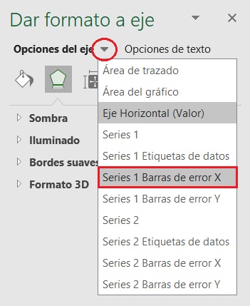 Opciones del eje y Series 1 Barras de error X