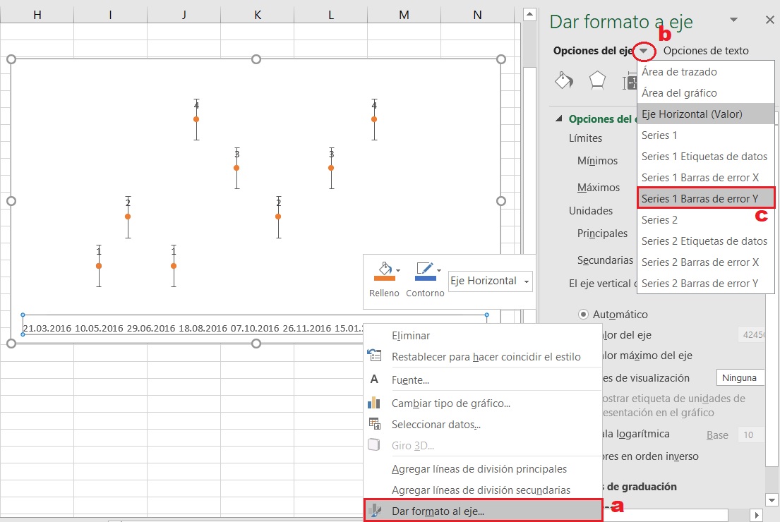 Cómo hacer un cronograma en Excel: opciones de Eje y Series 1 Barras de Error Y