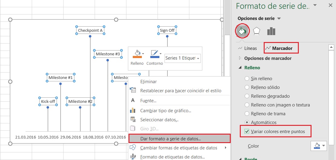 Colorear los marcadores de hitos de línea de tiempo