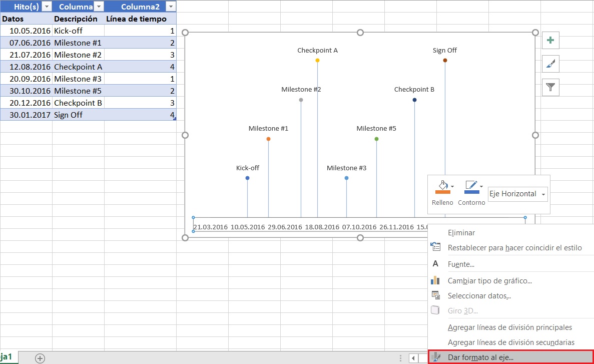 Recortar el espacio vacío en línea de tiempo de Excel