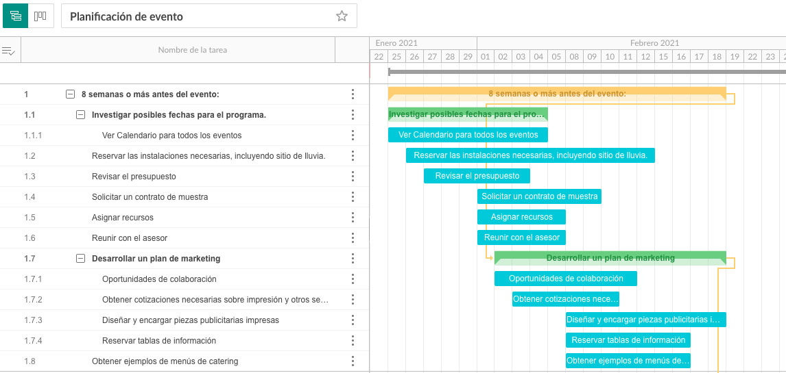 Plantilla de diagrama de Gantt para planificar eventos