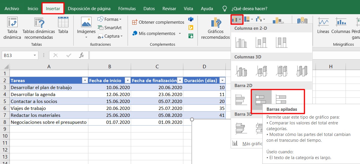 Diagrama de Gantt Excel: crear barra apilada