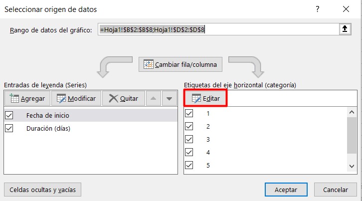 Diagrama de Gantt Excel: insertar tareas