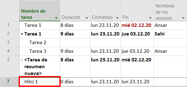 Añadir una tarea con hito en MS Project