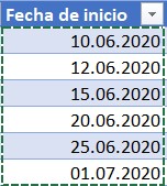 Insertar fechas de inicio 