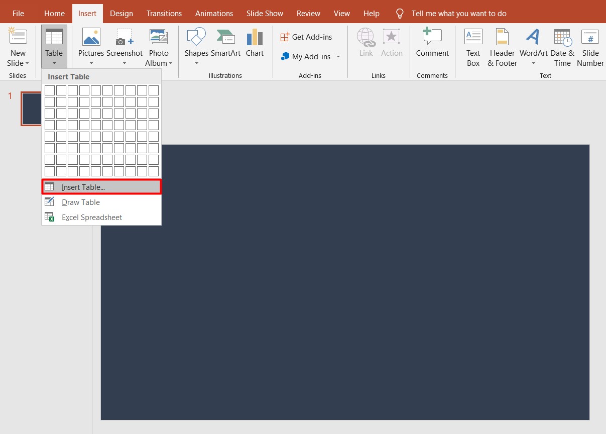 Gantt Chart PowerPoint: insert a table