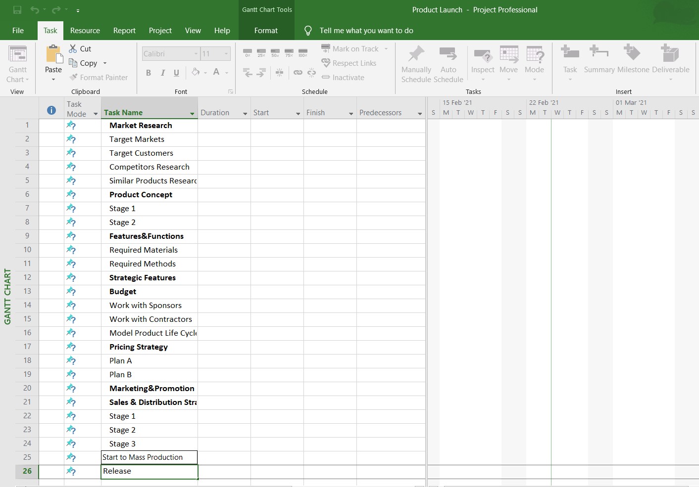 How to create a Gantt chart in MS Project: list of tasks on a Gantt chart