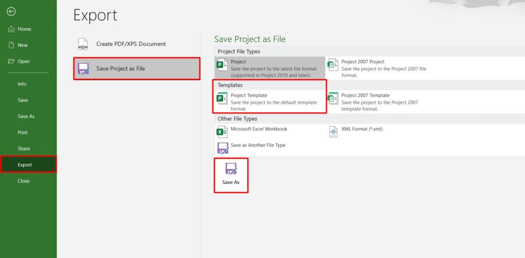 Exporting Gantt chart template from Microsoft Project
