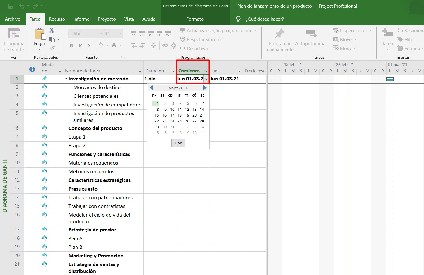 Cómo hacer un diagrama de Gantt en Project: fecha de inicio de tarea en el diagrama de Gantt