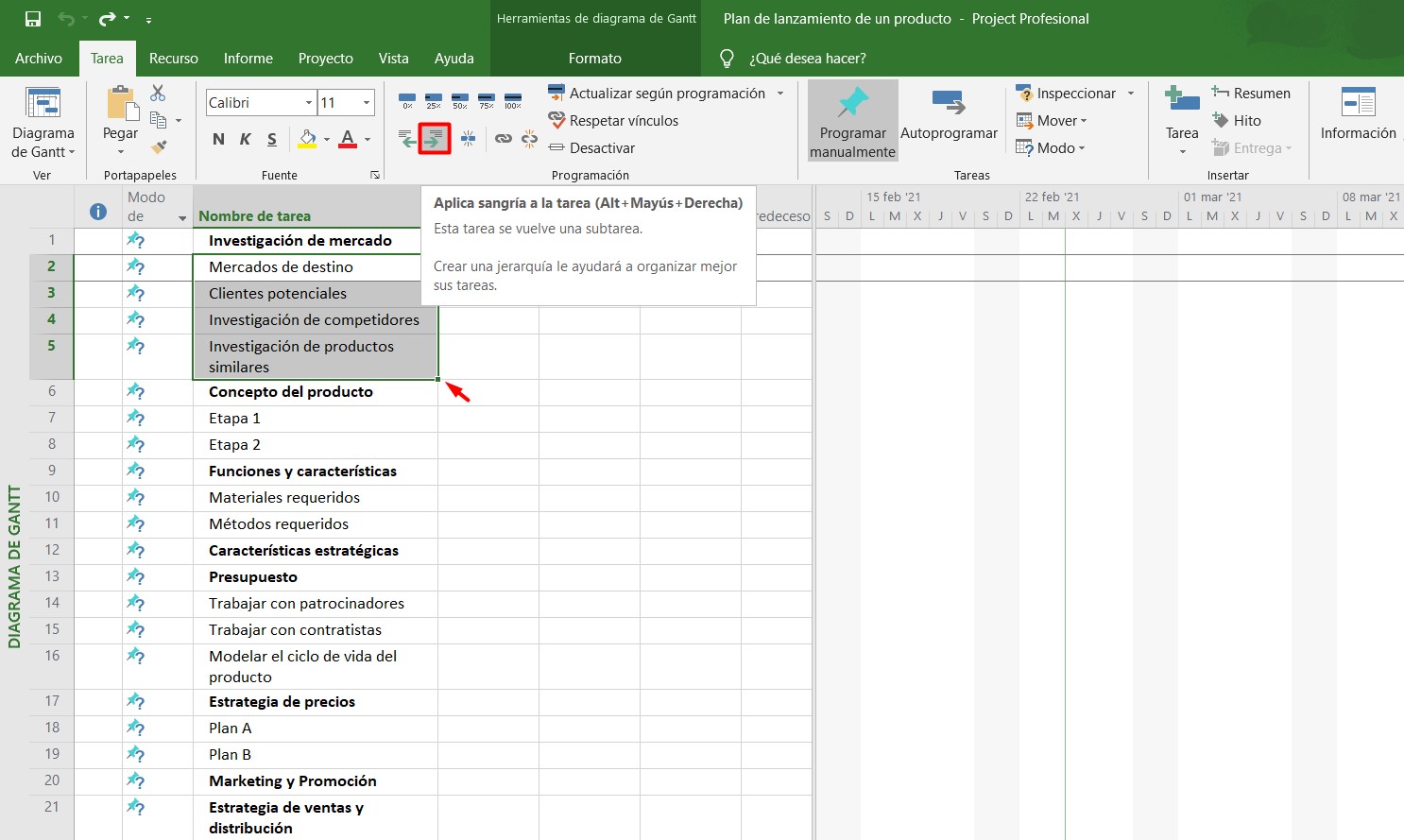 Cómo hacer un diagrama de Gantt en Project: subtareas en el diagrama de Gantt