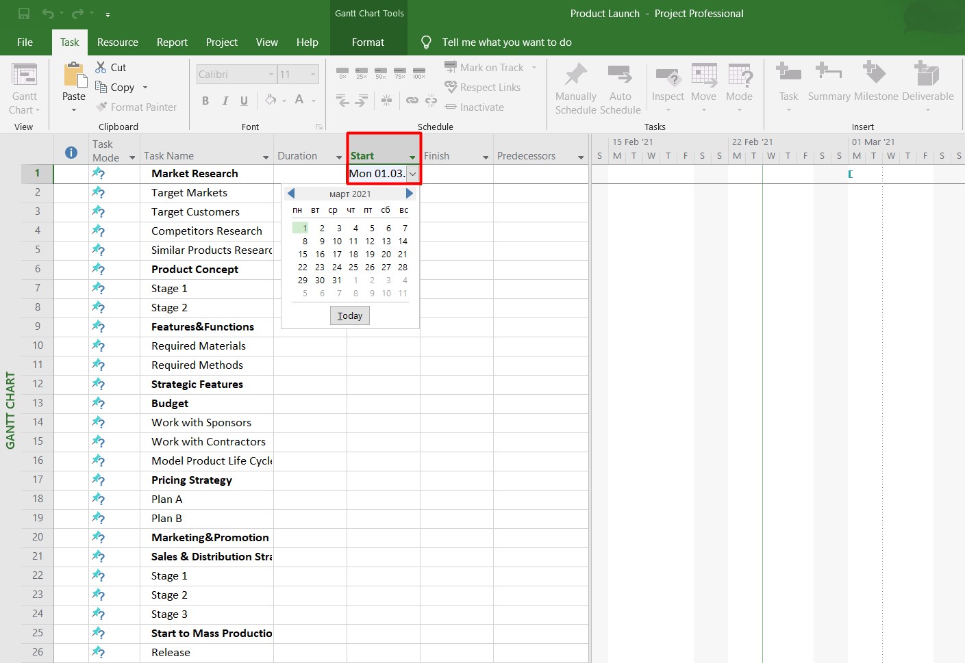 How to make a Gantt chart in Microsoft Project: start date of the task on a Gantt chart