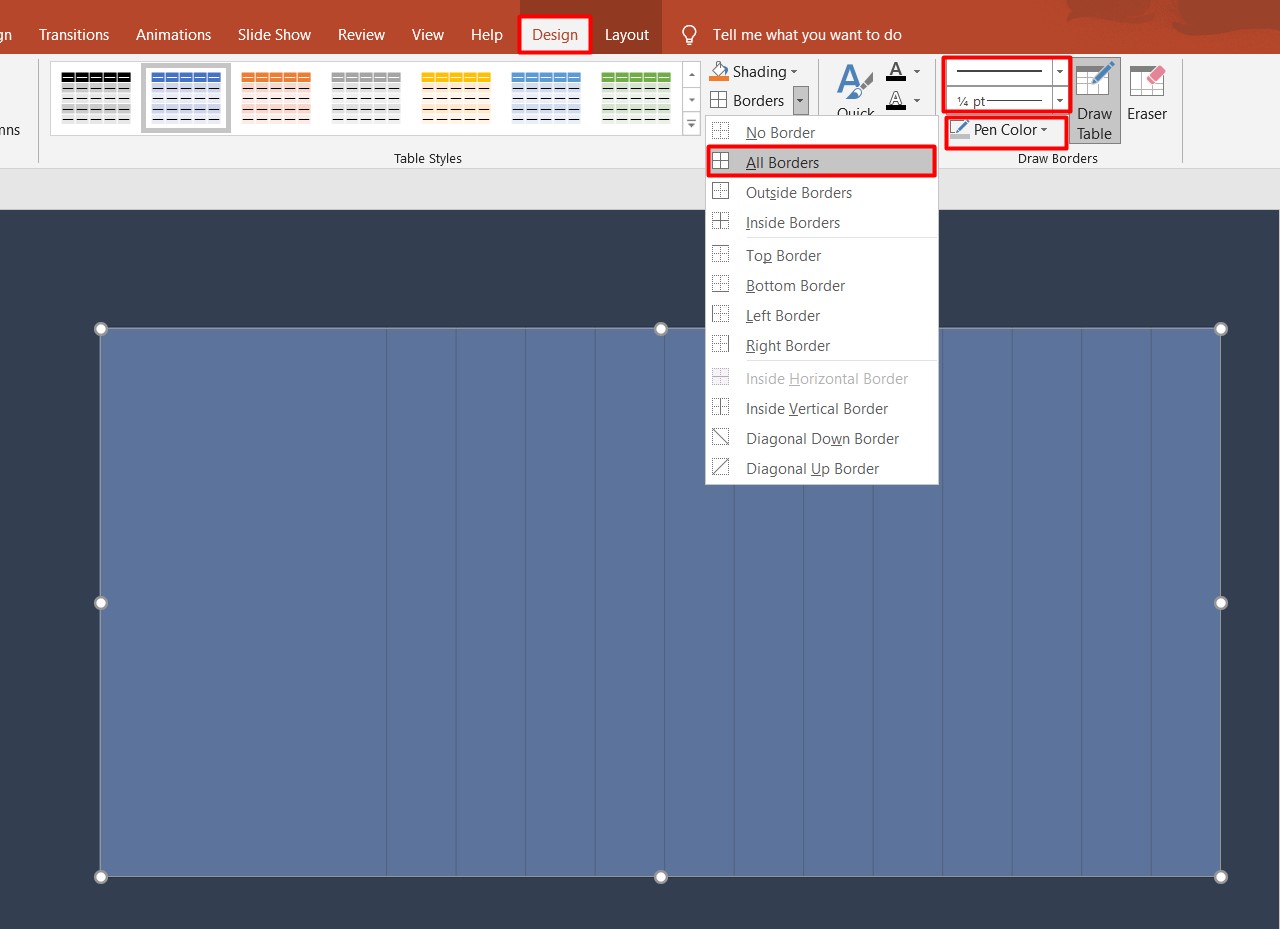 Gantt Chart PowerPoint: table borders