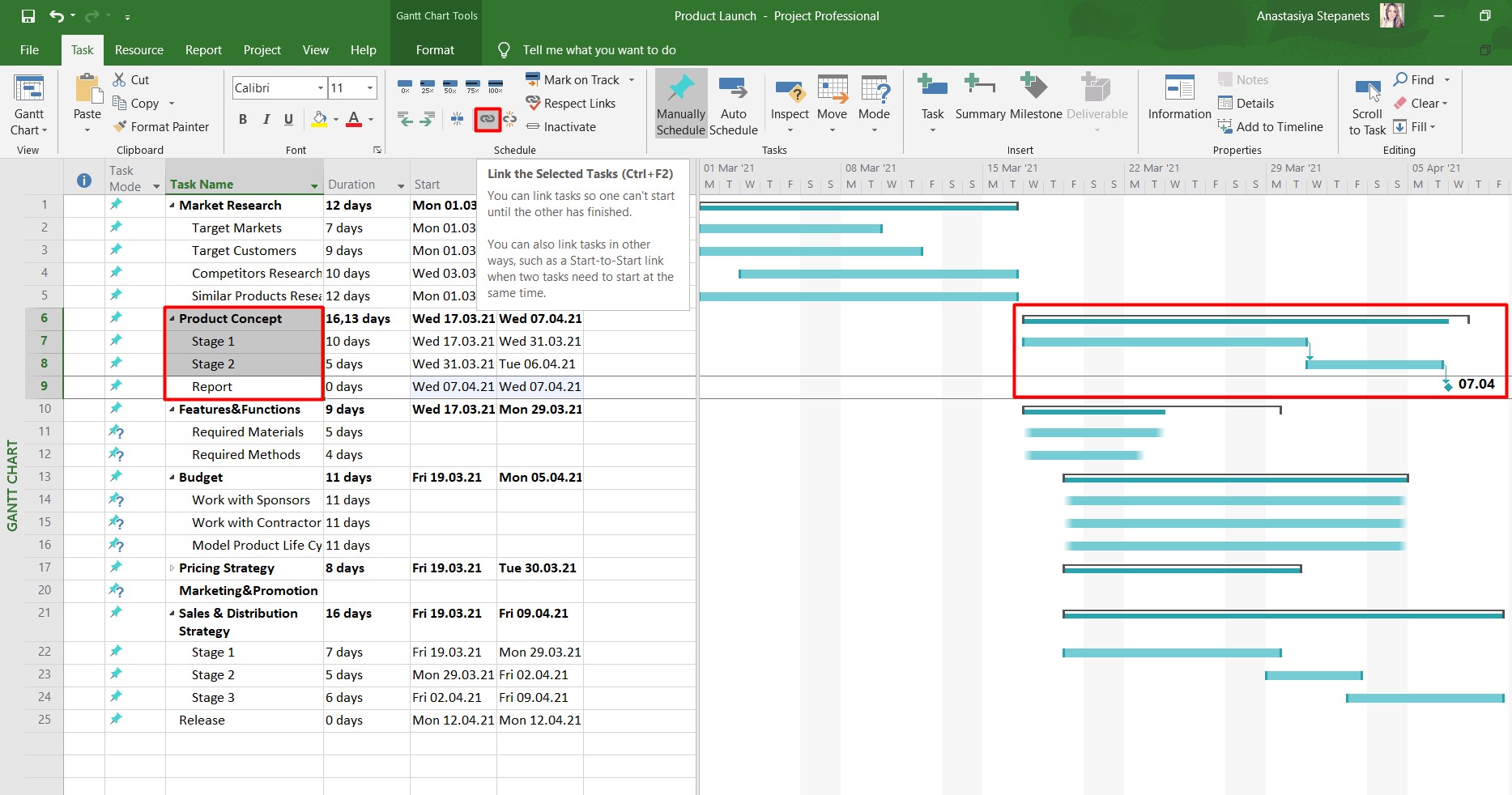 How to create a Gantt chart in MS Project: linking tasks on a Gantt chart