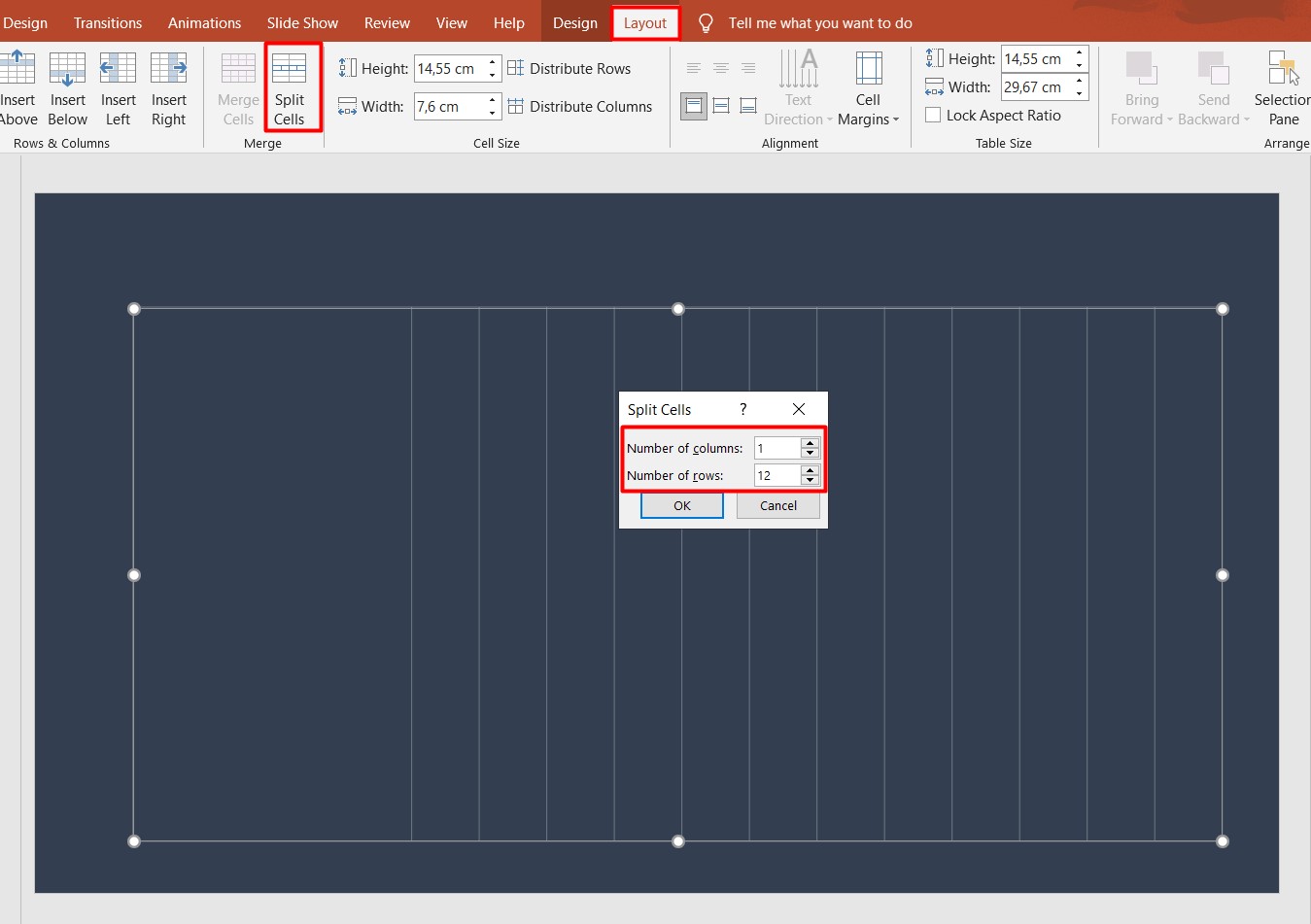 PowerPoint Gantt Chart: dividing cells