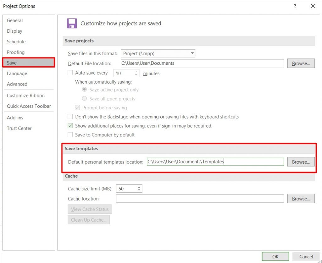 Saving Microsoft Project Gantt chart template