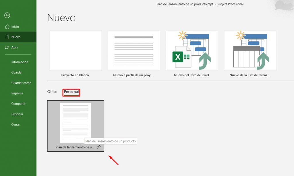 Abrir plantilla de diagrama de Gantt en Project