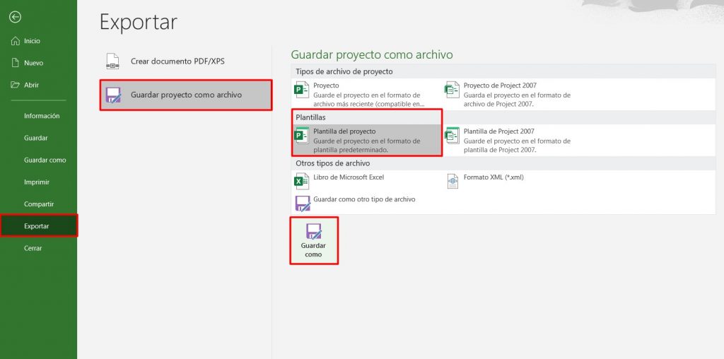 Exportar plantilla de diagrama de Gantt en Project