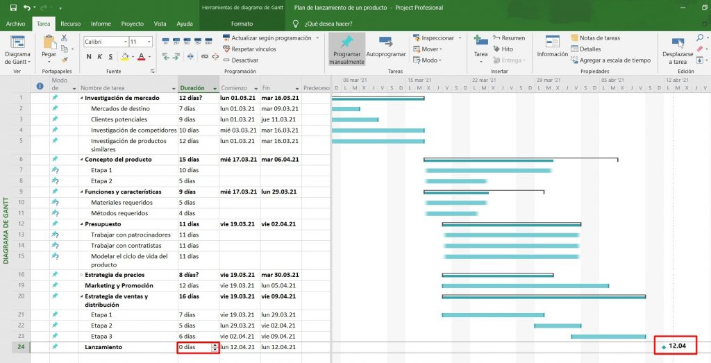 Cómo hacer un diagrama de Gantt en Project: agregar hito con duración al diagrama de Gantt 