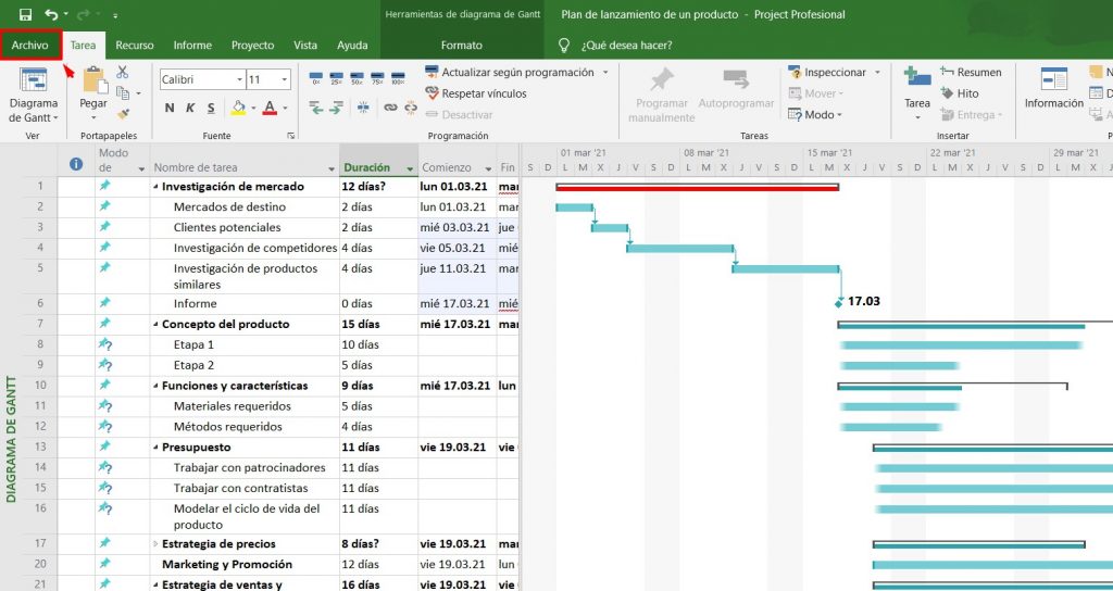 diagrama de gantt en project