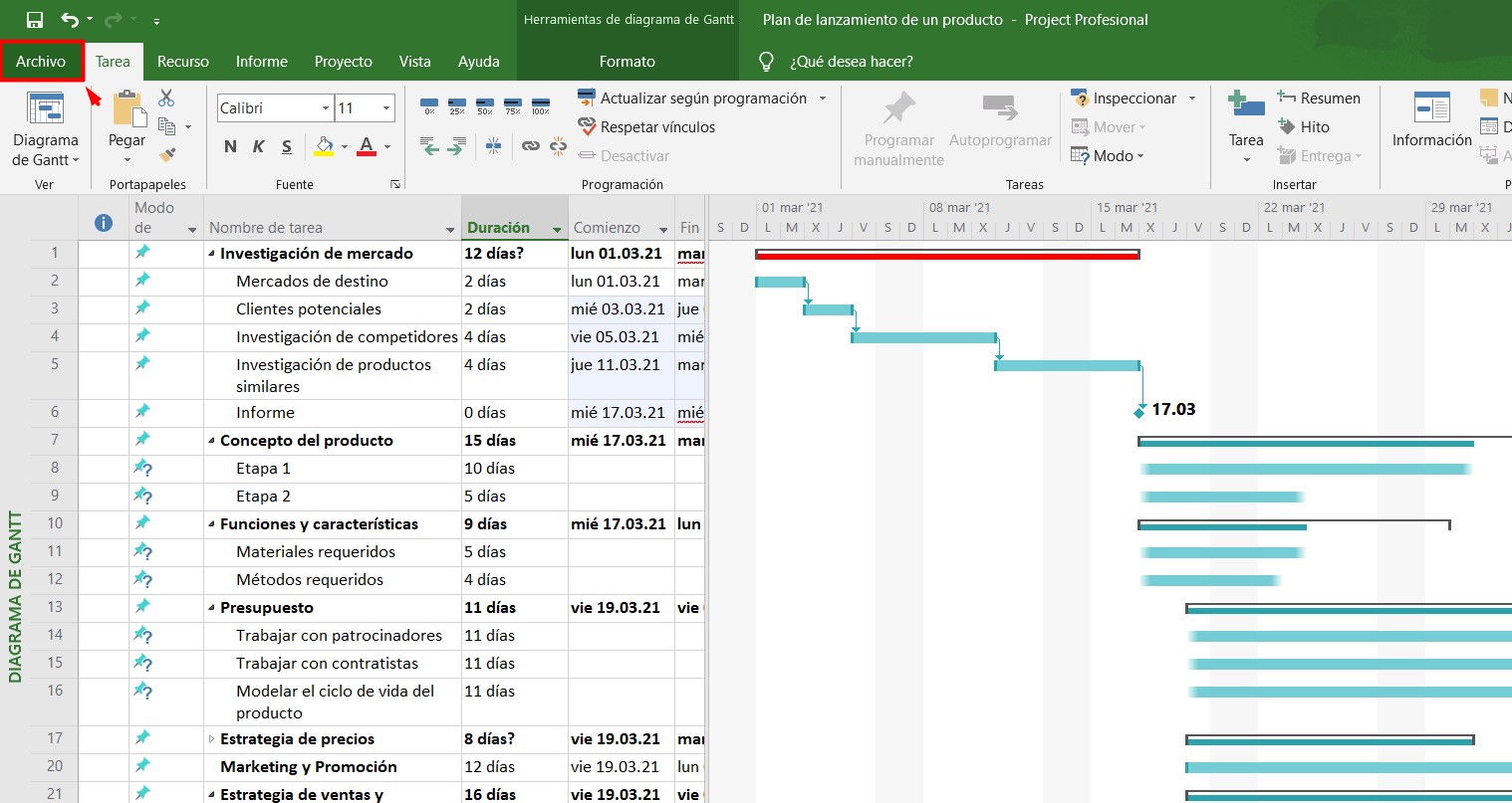 MS Project diagrama de Gantt