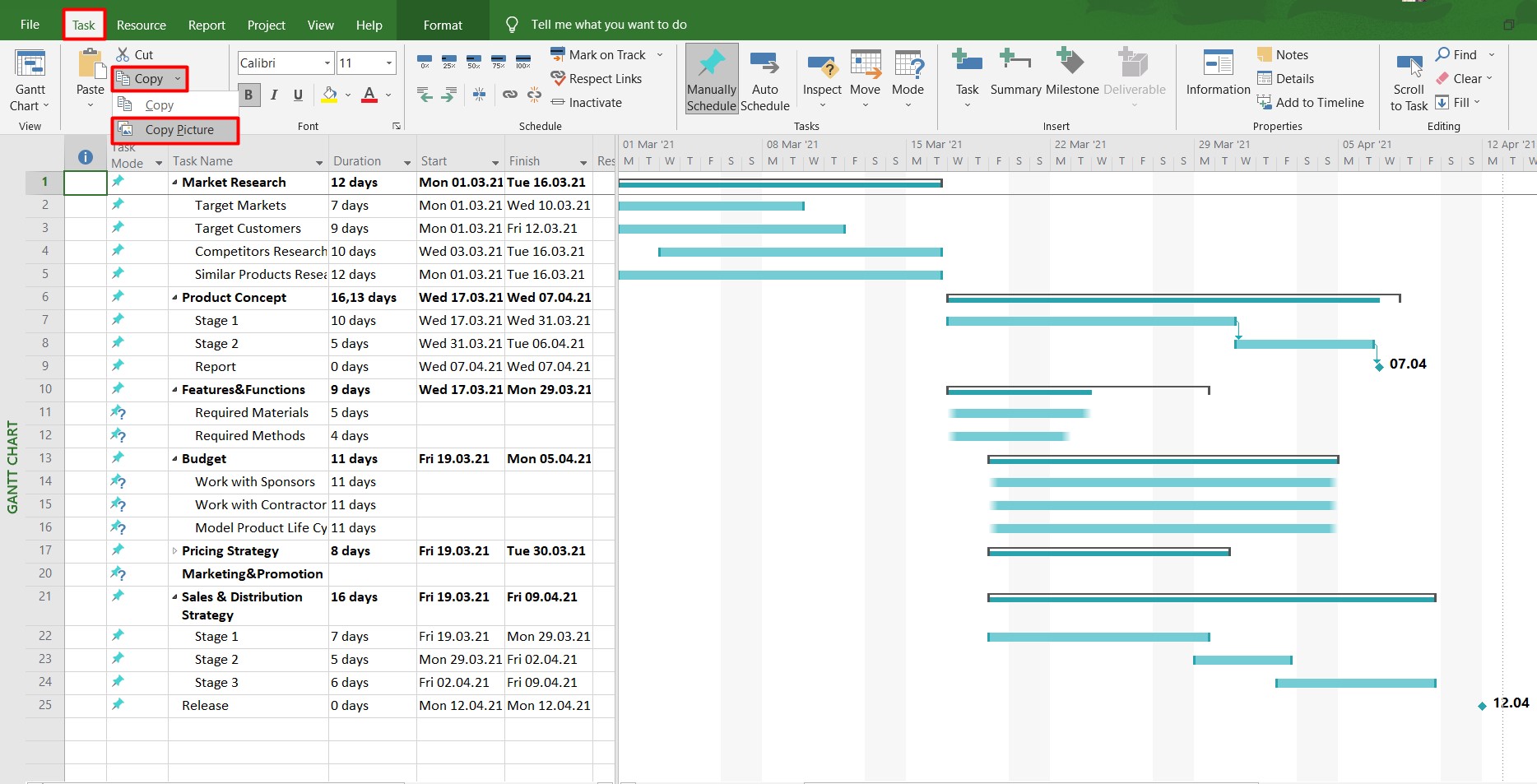 Export a Gantt chart from MS Project to Word
