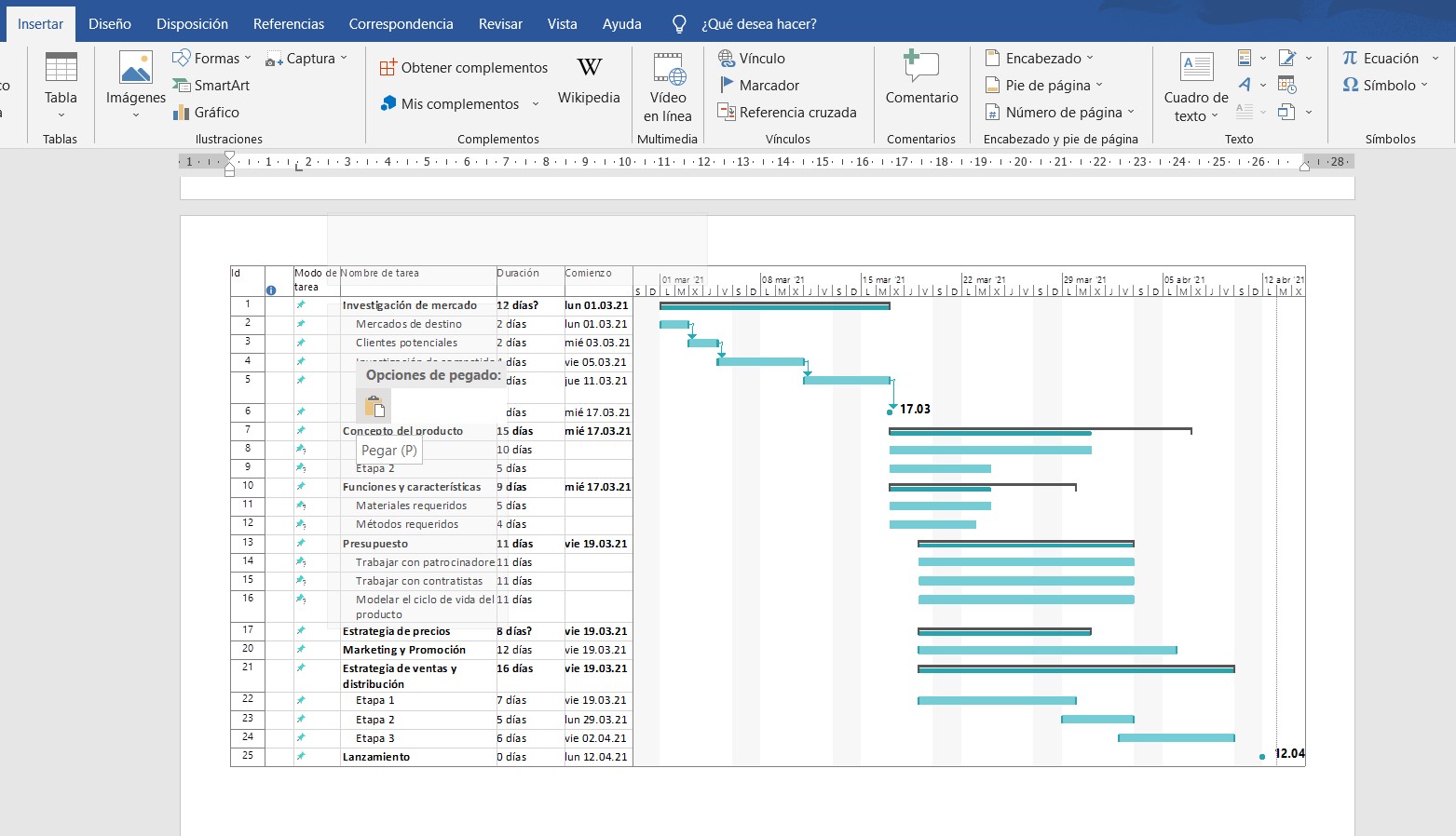 Cómo hacer un diagrama de Gantt en Word