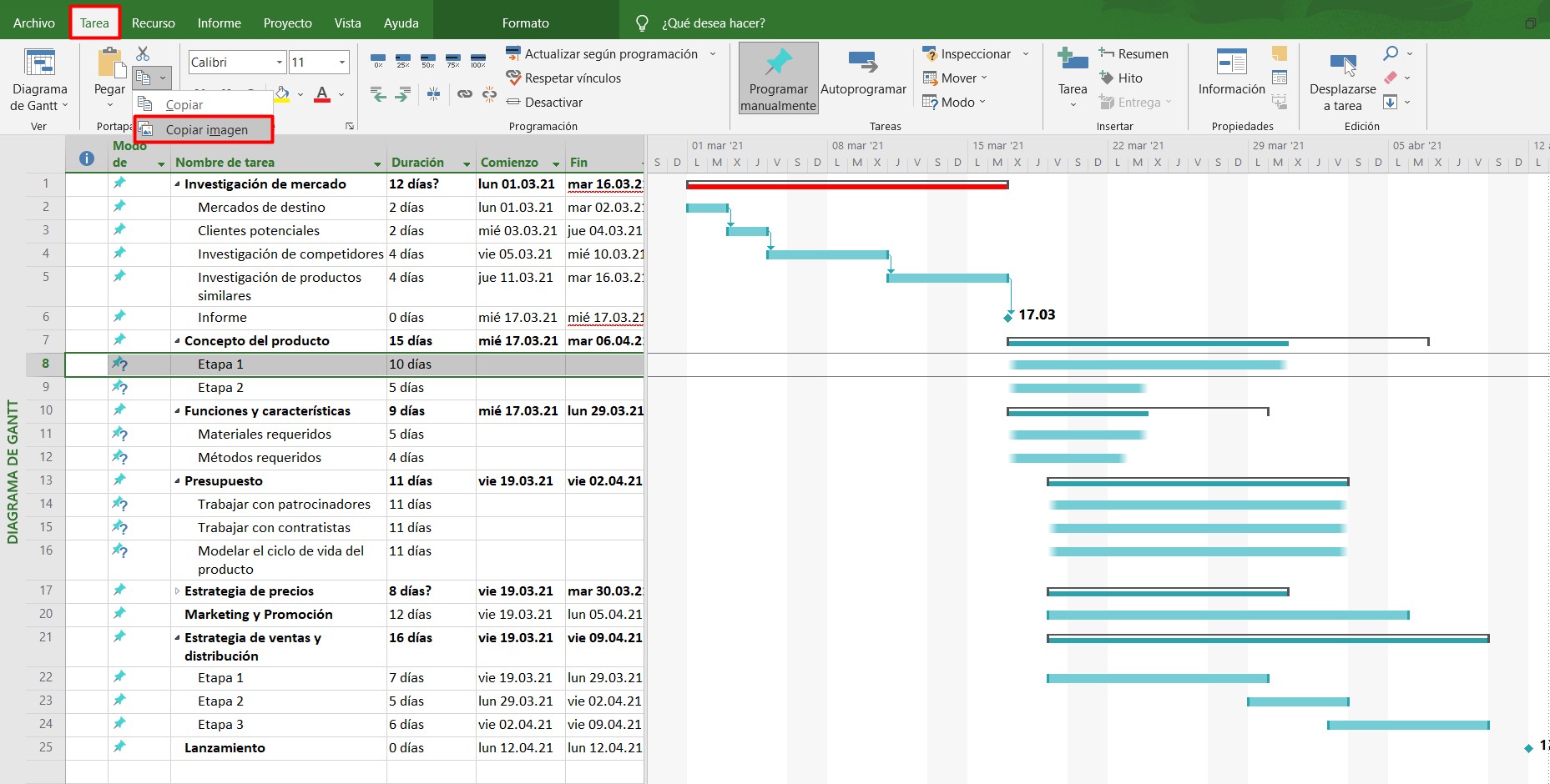 Exportar diagrama de Gantt de MS Project a Word