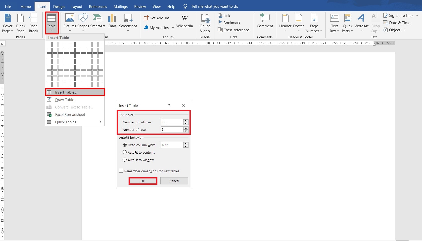 Gantt chart Word: creating a table