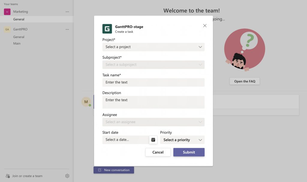 Команды из Microsoft Teams в GanttPRO