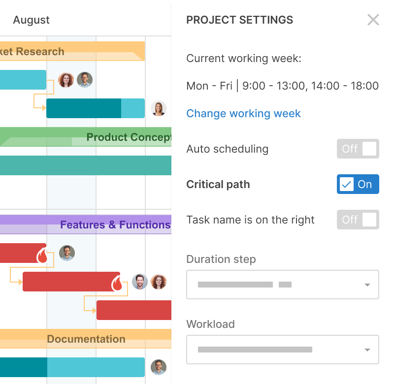 Use settings to enable the critical path option in GanttPRO