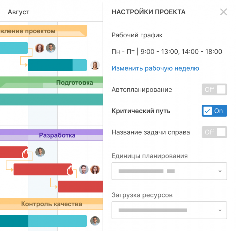 Критический путь на диаграмме ганта в project