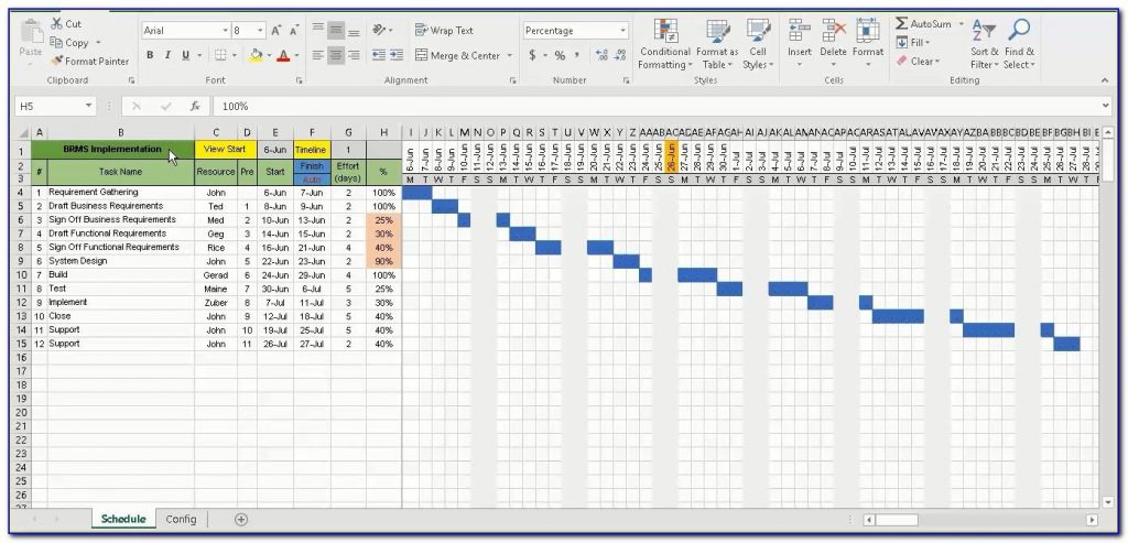Ansicht eines Gantt-Diagramms in Excel