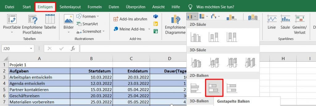 Wählen Sie ein Balkendiagramm bei Excel