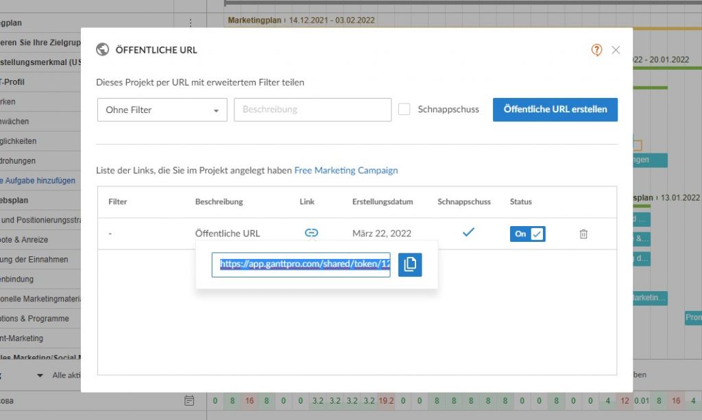 Öffentliche URL für ein Projekt in GanttPRO