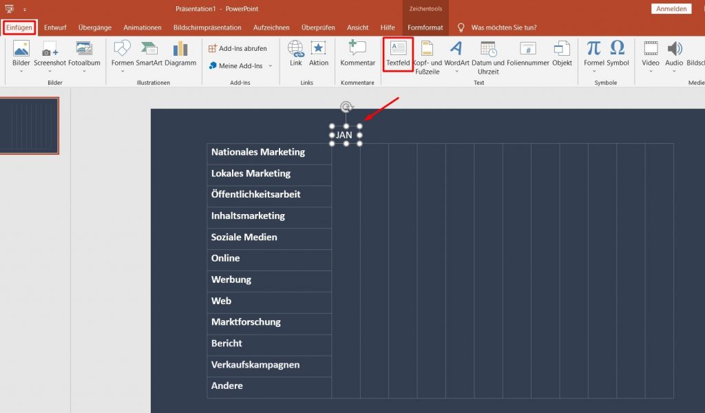 Wie kann man Monate in die Gantt-Diagramm-Tabelle bei PowerPoint hinzufügen?