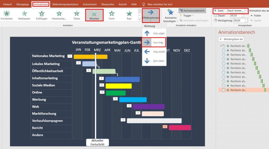 Fügen Sie Animationen zu Ihrem PowerPoint-Gantt-Diagramm hinzu 