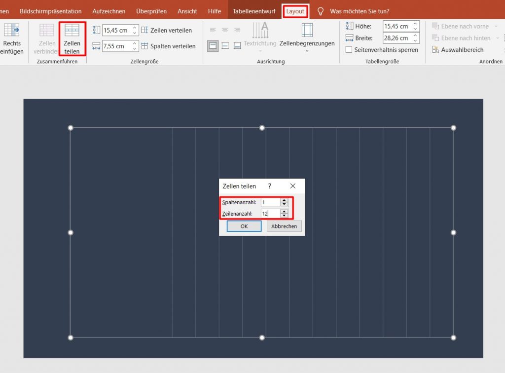 Man erstellt die Zeilen für die Aufgabenliste zum PowerPoint-Gantt-Diagramm