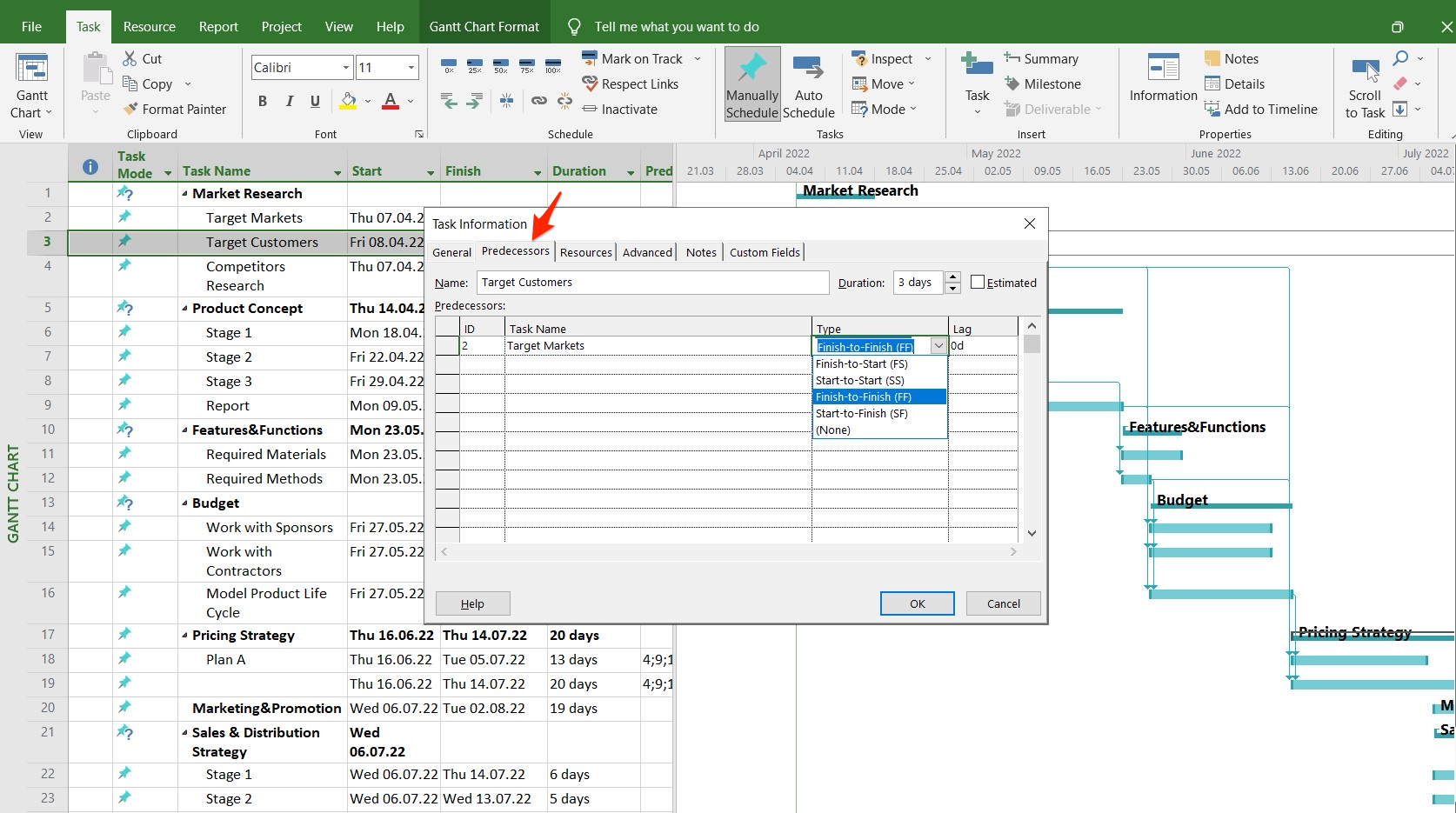 Microsoft Project Predecessors (change dependency type)