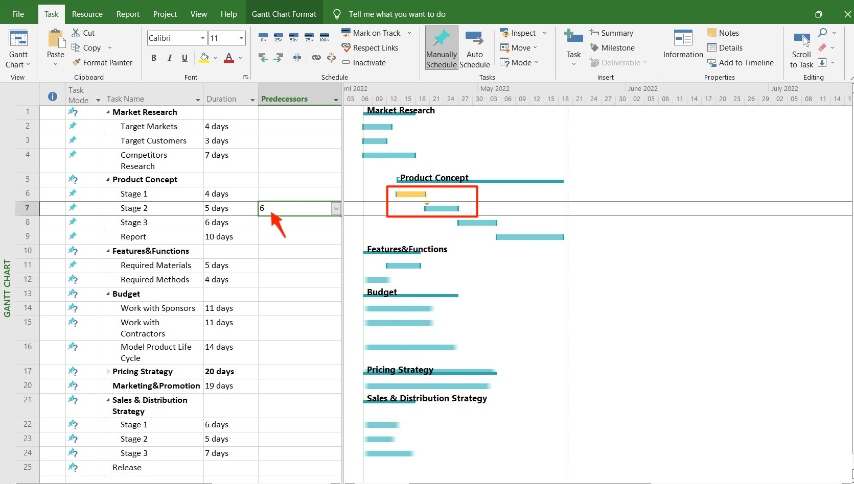 Microsoft Project Predecessors (Gantt chart)