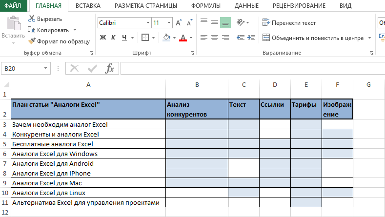 Пример применения таблиц Excel в планировании