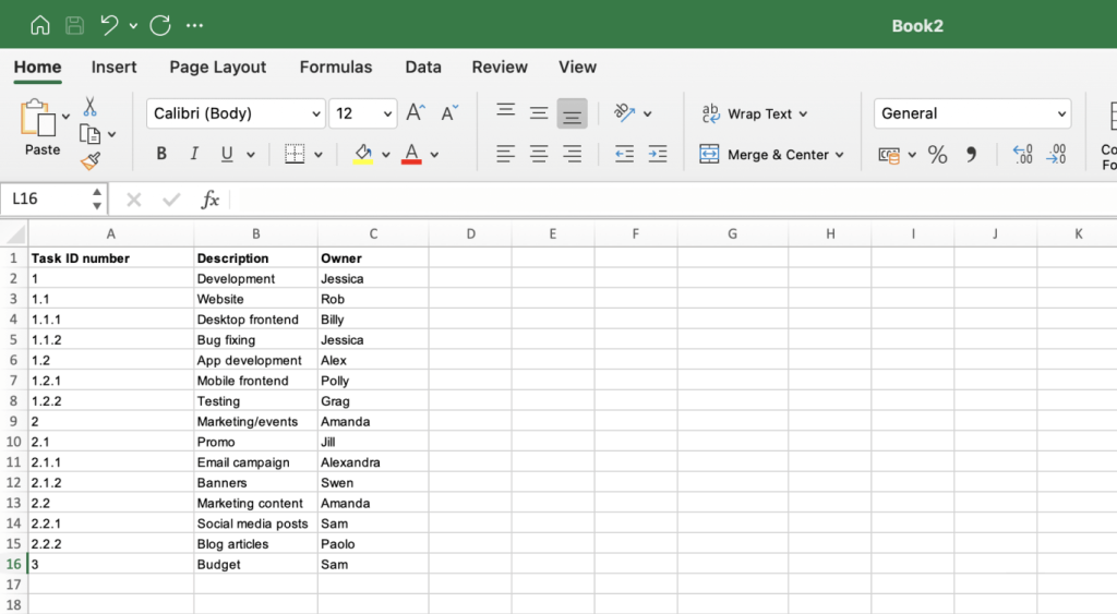 Adding description and assignees to make a tabular WBS in Excel